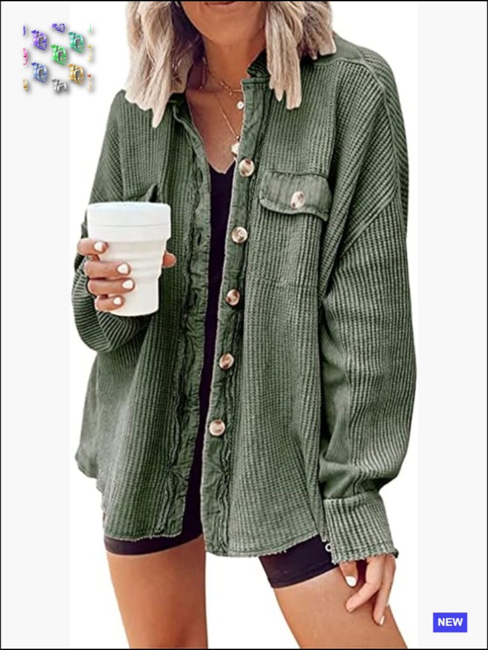 Oversized Waffle Knit Shacket Button Down Long Sleeve Jacket Casual Fall Layer